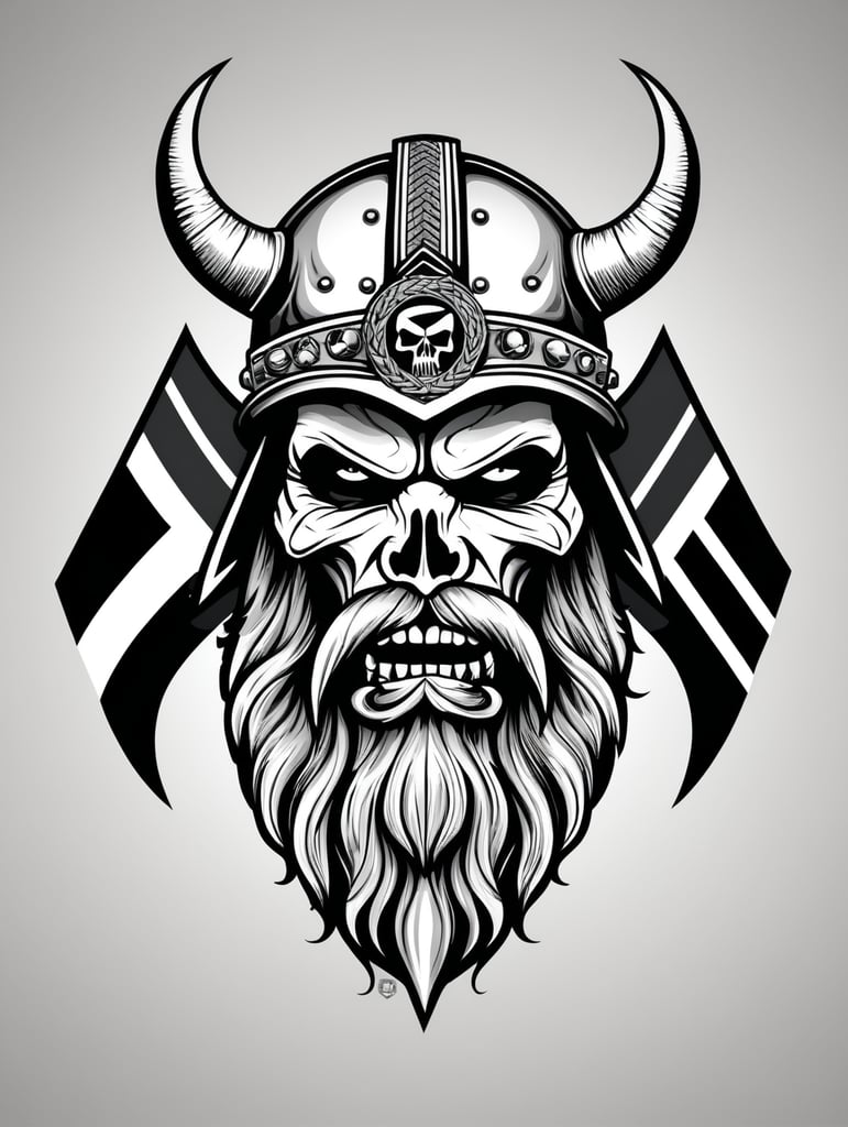 Aggressive Viking with beard skull military chevron logo, black and white, war Logo, vector image