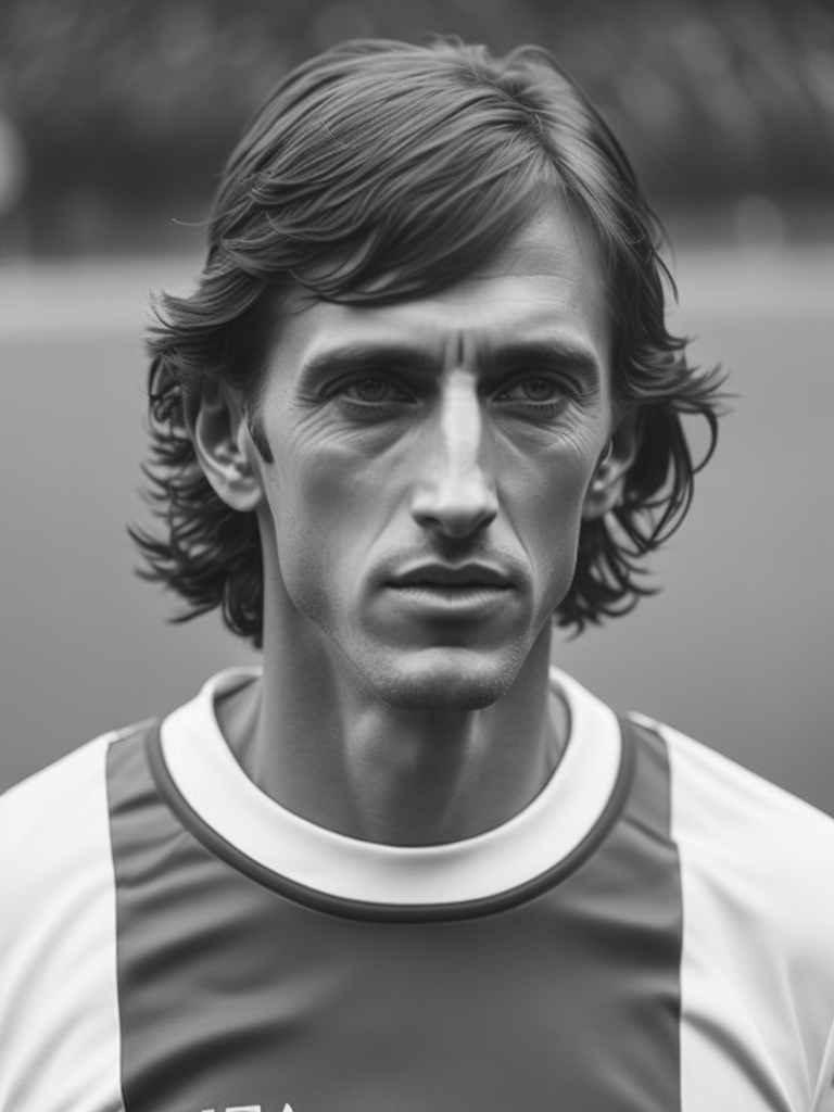 Johan Cruyff, highly detailed, realistic, Blurry background, sky, clouds, sunlight, Sports magazine, dramatic light, sharp focus, grayscale, focus, Ajax football uniform, bigger nose