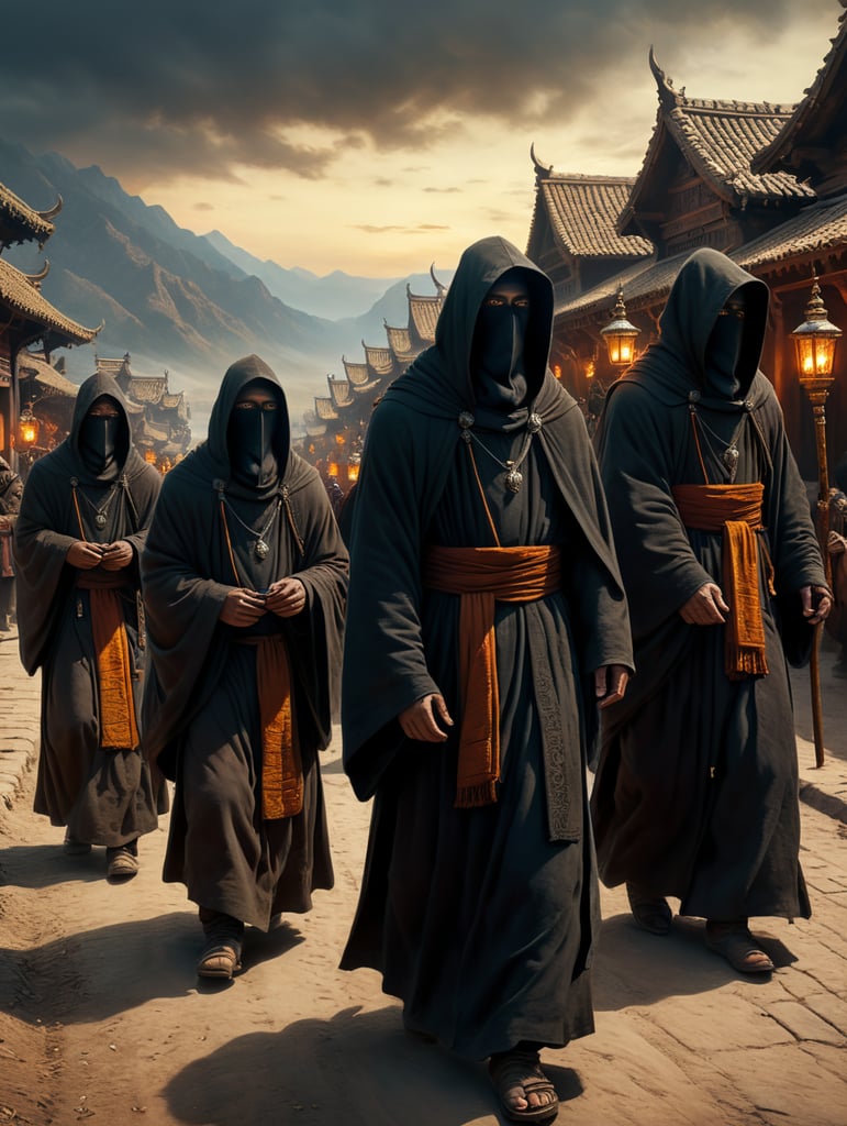 A procession of western monks wearing dark hooded robes, their faces hidden in darkness, at dusk, in route to an unknown destination, coming from afar, left to right