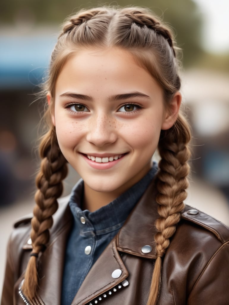 Seventeen year old female, light brown hair in french braids, freckles, brown eyes, wearing a leather jacket, short stature, average build, shy smile