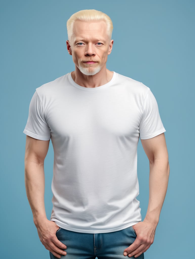 A middle-aged albino man wearing a white T-shirt, isolated, blue background, mockup, mock up