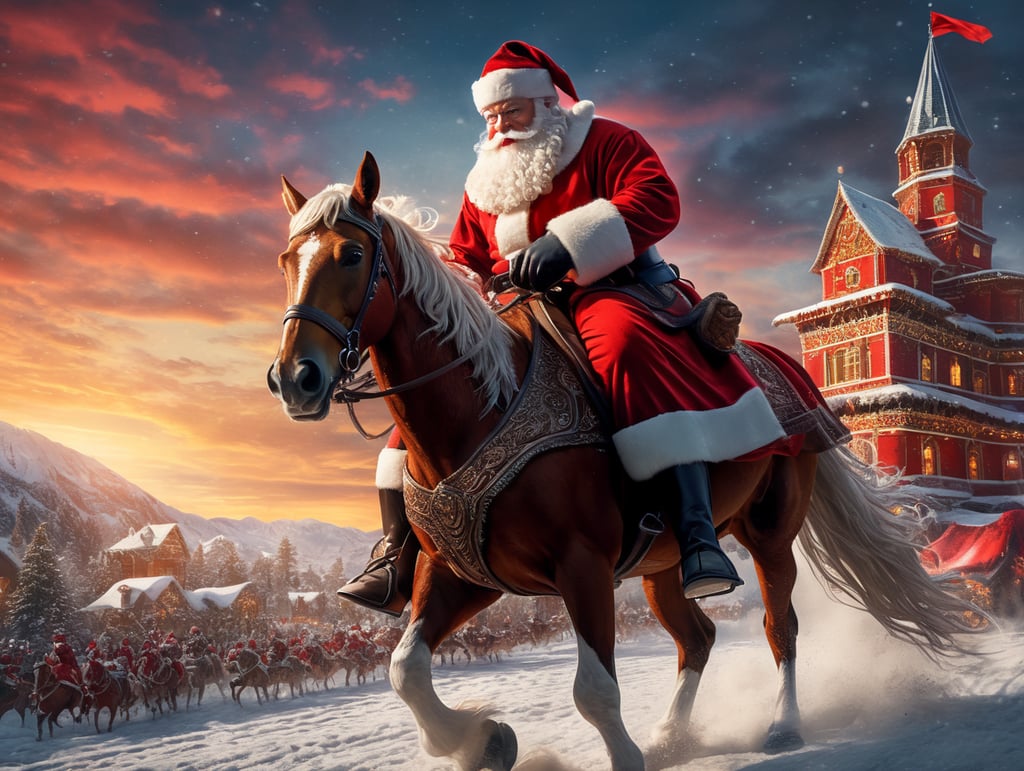 Santa Claus Riding On Horse, Red Outfit, Saturated Colors, 4k Ultra detailed, Ultra wide