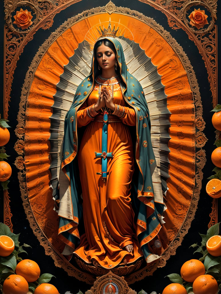 Our Lady of Guadalupe like an AE Waite and orange tarot card 5000px