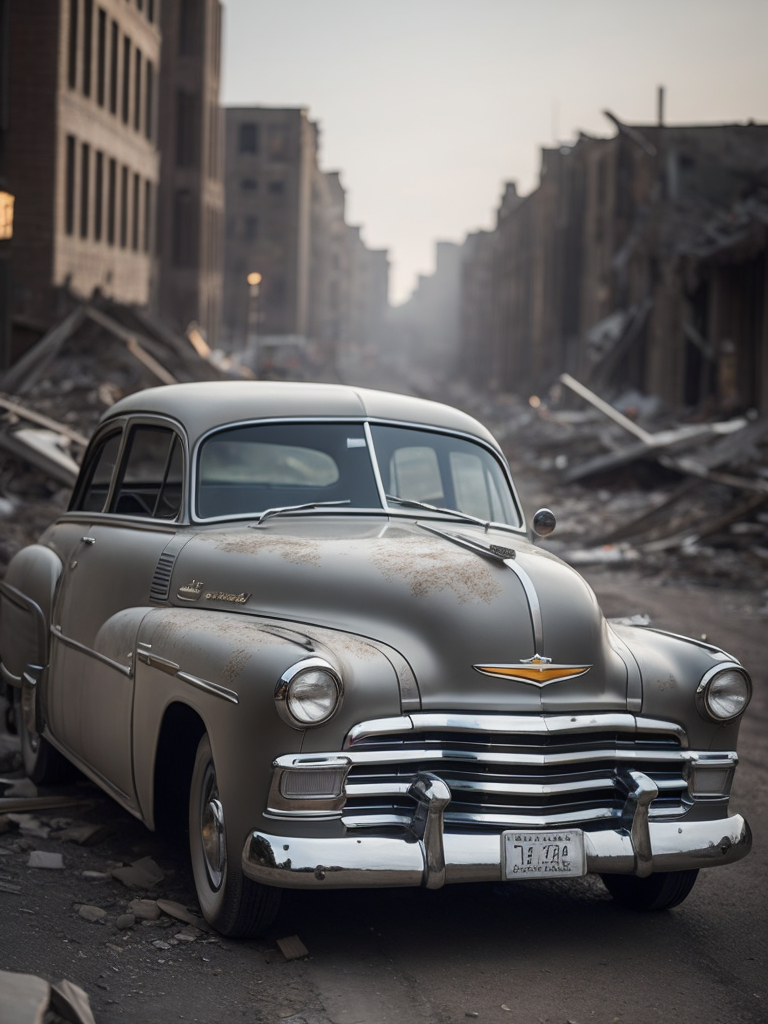 1952 Gray Chevrolet goes through bombed city, world war 2