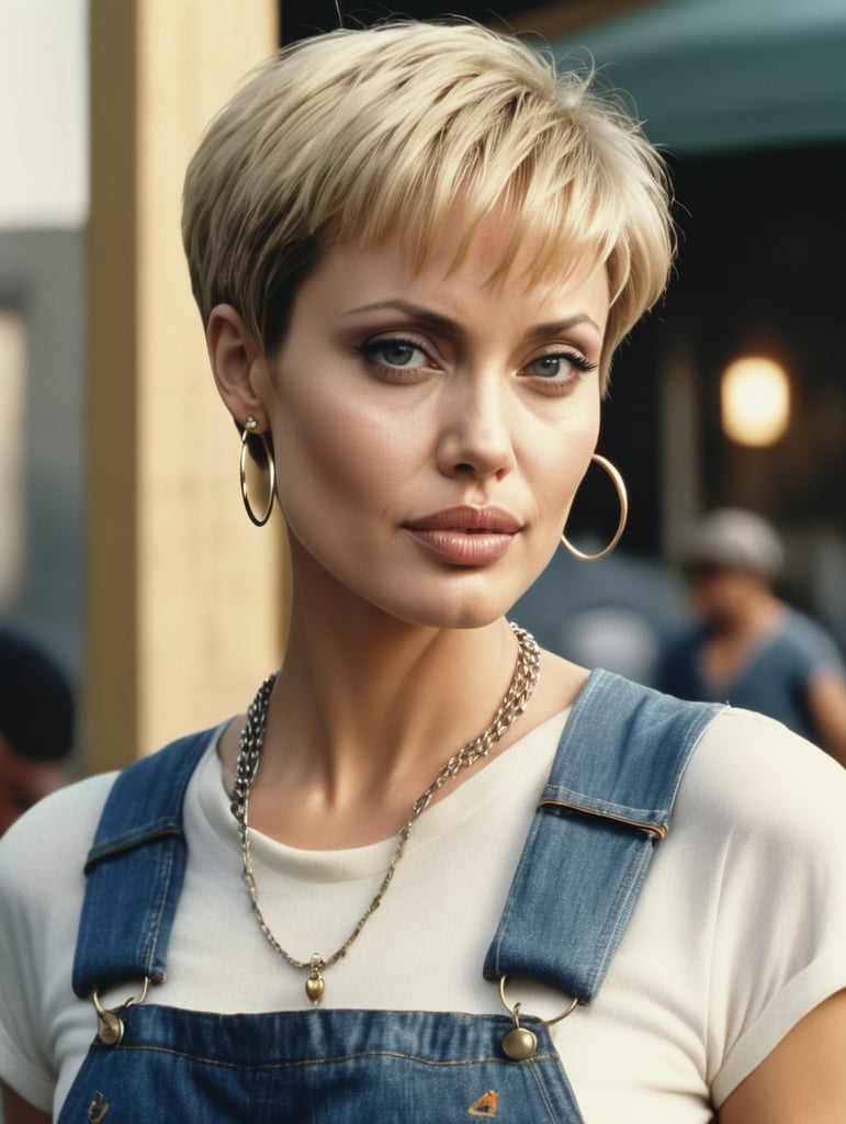 (Max, analog style) Masterpiece, Angelina Jolie (extreme short blonde hair, pixie cut, bangs,fat), chain necklace, hoop earrings, 1990s denim overalls, ((film grain, color photo, high detailed texture, 8k hdr, dslr))