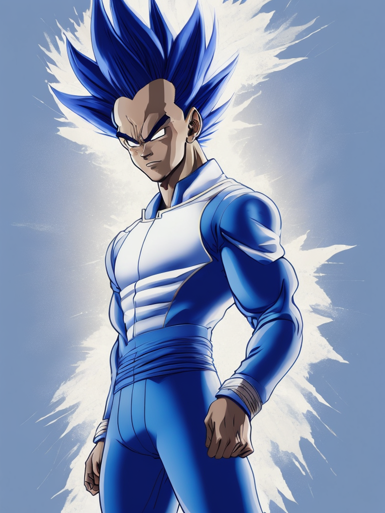 Will Smith as Dragon Ball character Vegeta, aggressive face, blue and white suit, spiky hairstyle, bright saturated colors, bright gradient background,