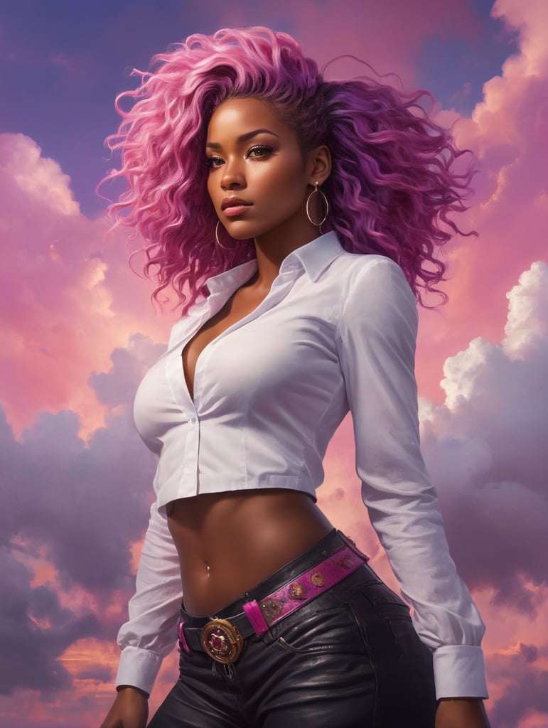 a woman with afro hair and a white shirt is standing in front of a purple sky with clouds and a pink hair, upperbody, midriff, Brom, flat colors, a character portrait, digital art, dark-skinned_female, dark_skin, navel_piercing, off_shoulder, pink_hair, purple_background, sky, long_hair