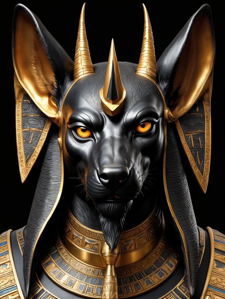 Egyptian god Anubis, portrait, hyper-realistic, dark style, focus on face, sharp on details, black background