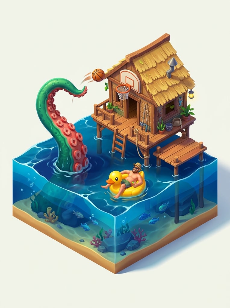 isometric 3D diorama of an ocean cross-section, small wooden stilt shack with a basketball hoop, giant green tentacle with red suction cups emerging from the water tossing a basketball, man relaxing in a yellow rubber duck float, stylized game art, vibrant smooth shading, clear background