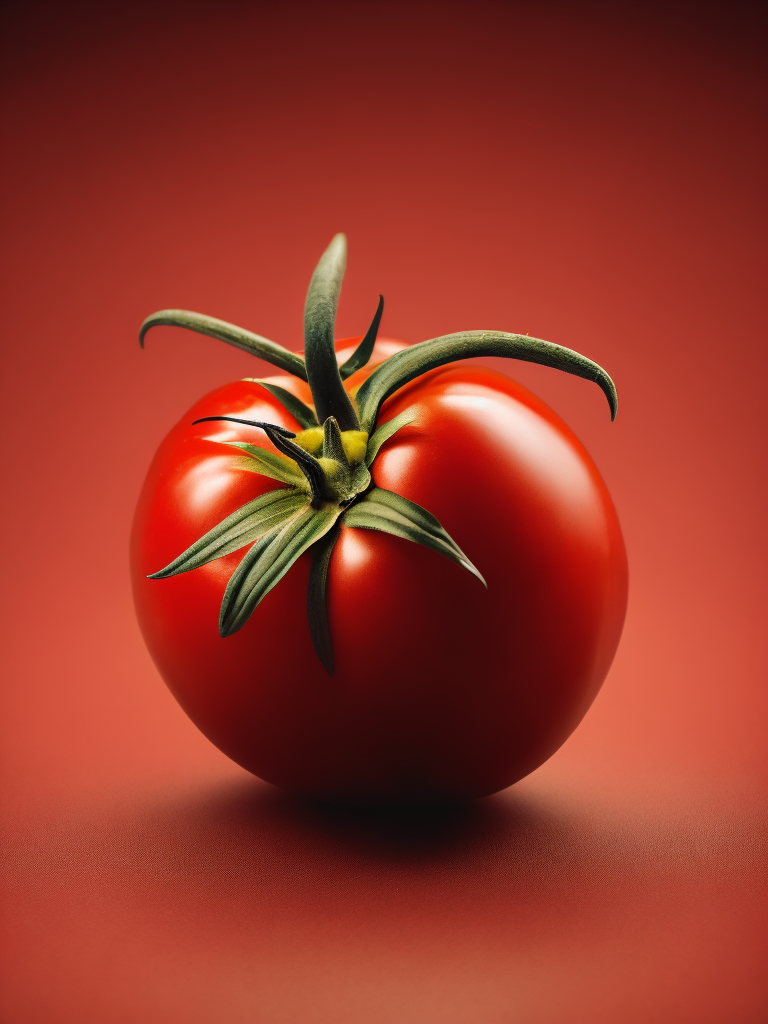 one tomato on a red background, highly detailed macro photo, magazine cover photo