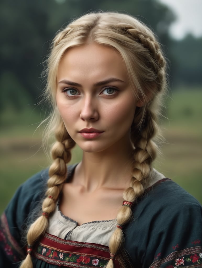 exclusively frontal portrait to the waist, 25 year old beautiful, fair-haired, sweet, young Russian peasant woman, national clothes, dark scene, gloomy atmosphere, epic shot, sharpness in details