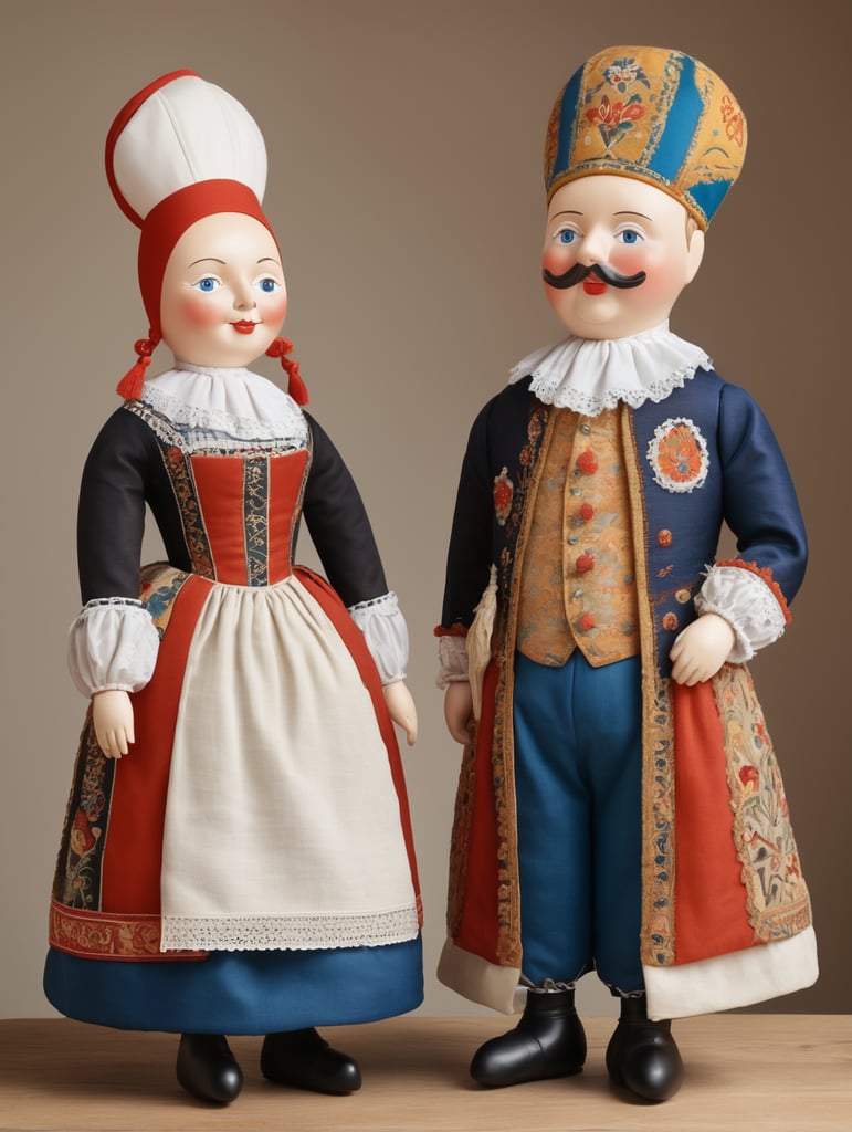 A pair of anthropomorphic dolls in the style of Dutch tradition, soft sculpture, historical subjects, Danish design, folklore theme, colorful caricature