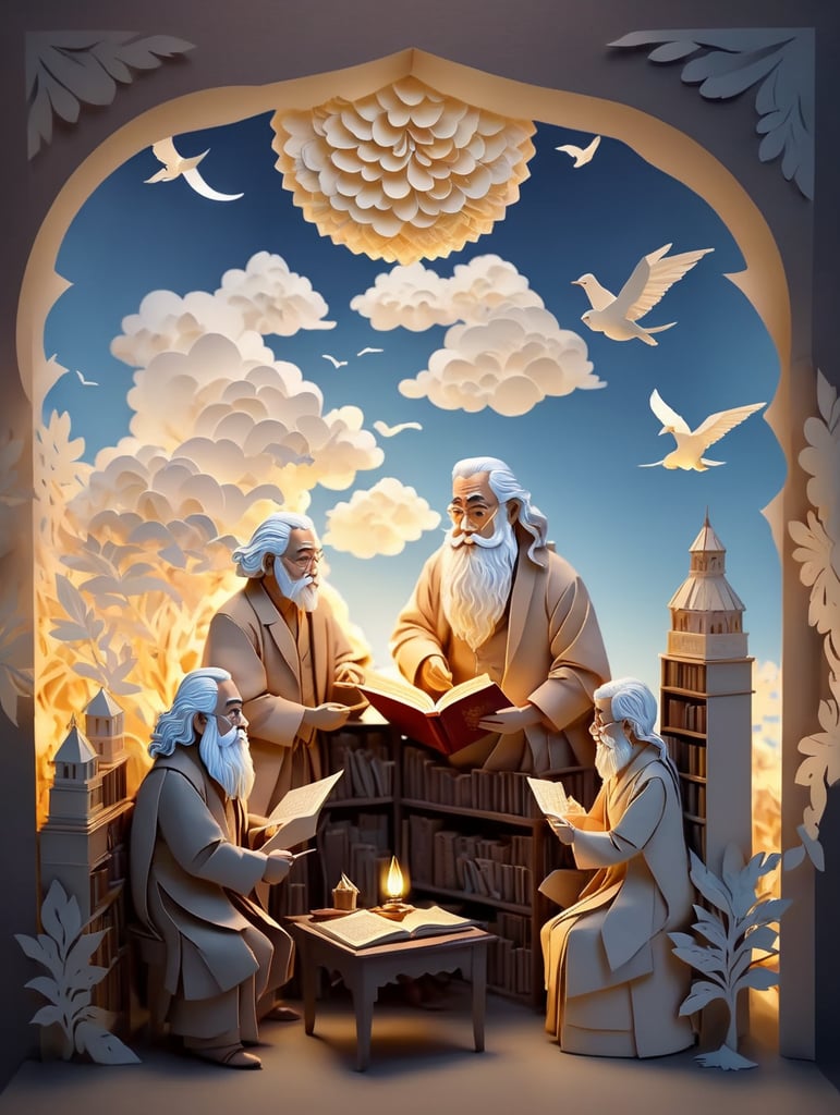 In a cozy library filled with warm light. A Fluffy white clouds hang in the air, symbolizing the cloud of ignorance being cleared away. This one frame scene captures the essence of "Clear the Clouds," a show dedicated to sharing flavored tales for the heart and mind, beginning with stories of inspiring Muslim heroes.