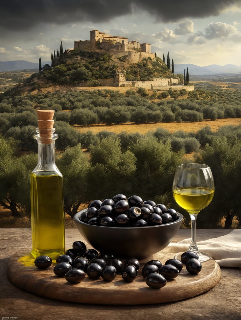 olive oil scene. black olives without holes drizzled with oil and transparent bottles filled with olive oil. The olives should have the right texture, with a backdrop of an olive field with an ancient castle on the horizon.