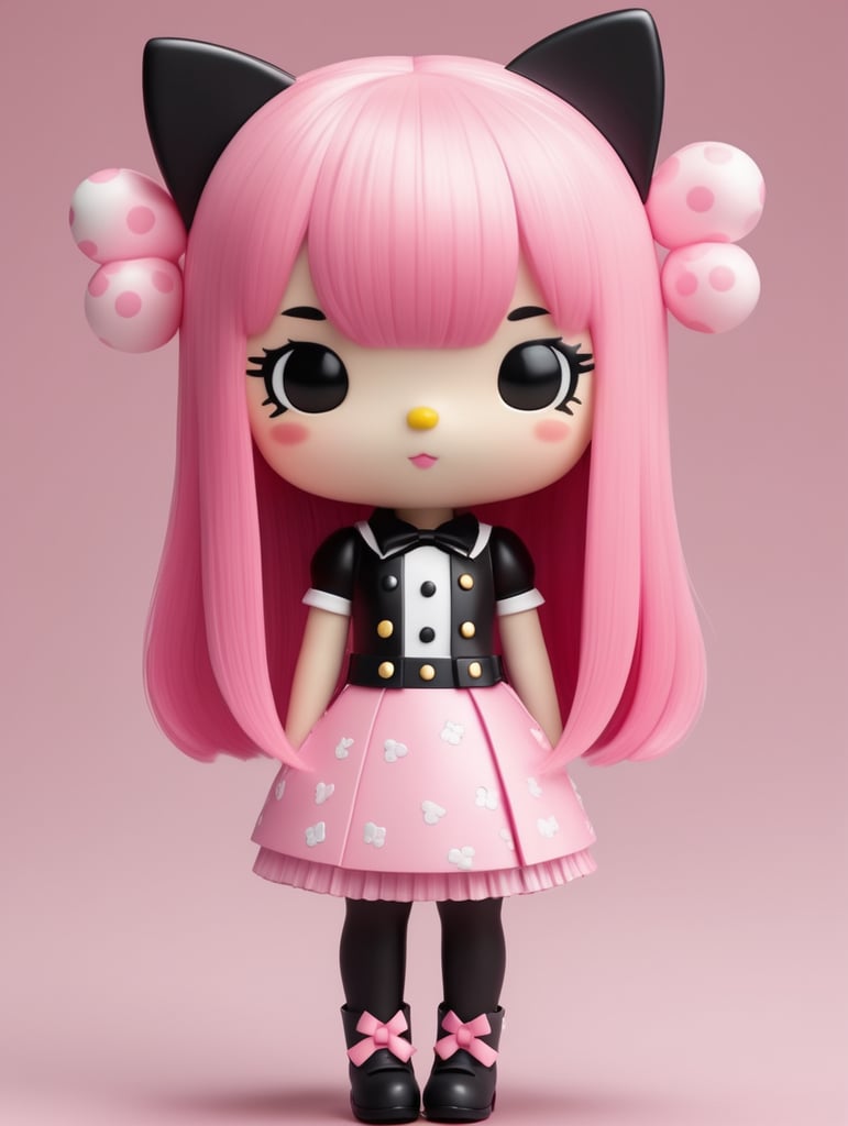3D sanrio Hello kitty con Pelo lacio color Rosa y negro con flequillo