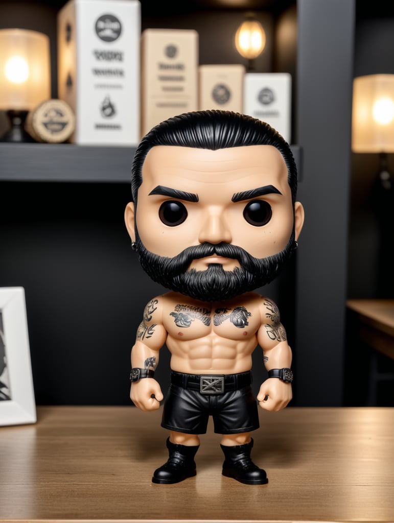 Funko figure of a man, WITHOUT MOUTH, called PAOLO, wearing black shorts, black beard, black hair, earring in one ear, defined abdomen and strong chest, small tattoo on the left arm. Funko is displayed inside and outside of a limited edition BLACK and WHITE Funko box, allowing for visibility of the figure, typography and 3D rendering. Background ON TOP OF A TABLE WITH AN ELEGANT ROOM BEHIND.