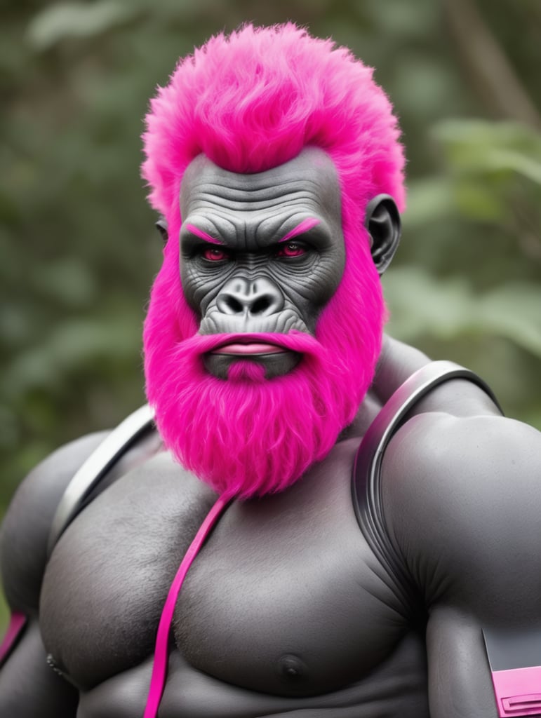 Gorilla with a hot pink wig and a hot pink beard