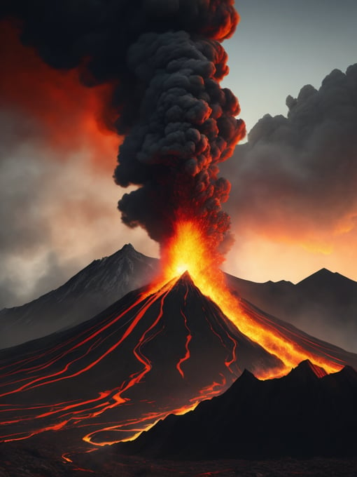 The image of a volcano erupting into the sky, a large mountain, black smoke, flowing lava, high quality details