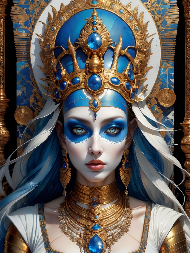 mythology goddess creature with Tutankhamen mask made of azulejo’s white and blue, gothic, gold, Neoclassical, elegant, beauty, antique classical, masterpiece, Canon50, Beautiful Lighting, Sad, highly detailed, detailed facial features, unreal engine, very detailed eyes, symmetrical eyes, mythology