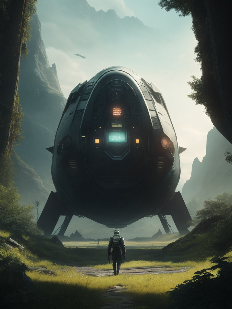 Sci-fi FPS game cover, a small spaceship in the foreground, a group of spacemen walking away, impressive vegetation, fantasy creatures in the background, fantasy vegetation, Unreal Engine 5, developed by dice, cinematic colour, Ultra-details, 4k