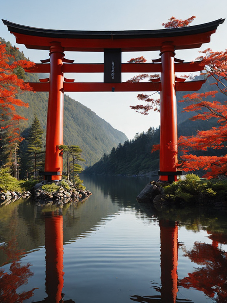 Red torii gate in middle of a lake, Dense forest on the edge of the lake, Bright and saturated colors, Japanese culture, photorealistic, contrast light
