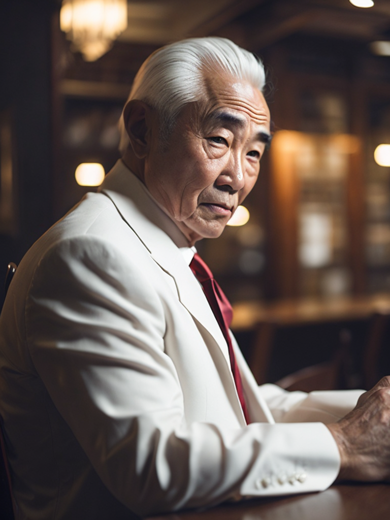 cinematic shot, scene from a movie, portrait of an Asian man 80 years old sitting in a night bar, Asian mafia, father of mafia, angry face, white jacket, red tie, white hair, red Chinese lights on a background, focus on a face, red lighting, low light, dark atmosphere