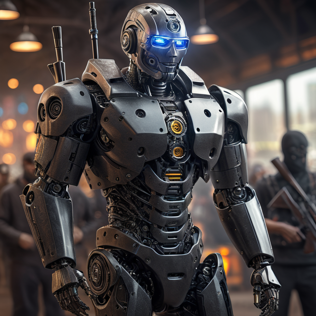 humanoid robot, hacker, rifle mafia style, realistic art, illustration, isolated bokeh background, 4k