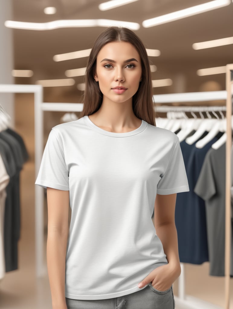 Woman wearing blank T-Shirt in Clothing Store Mockup