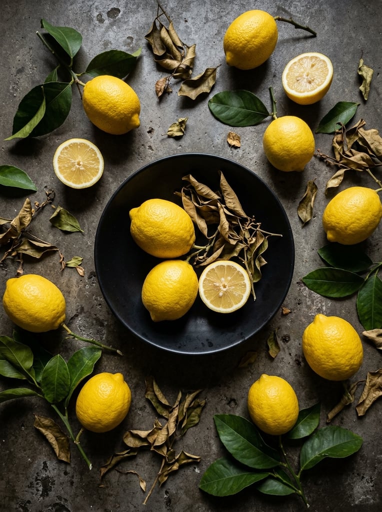 A rustic top-down flat lay features vibrant yellow lemons scattered across a mottled dark grey concrete surface. A centered matte black shallow bowl holds two whole lemons, a halved lemon exposing its juicy segments, and curled, dried brown leaves. Surrounding the bowl are more whole and cut lemons, desiccated foliage, and fresh green citrus leaves on thin stems. Soft directional lighting casts deep shadows, highlighting the pitted rind textures against the stark, moody background to create a striking, high-contrast food photography still life.