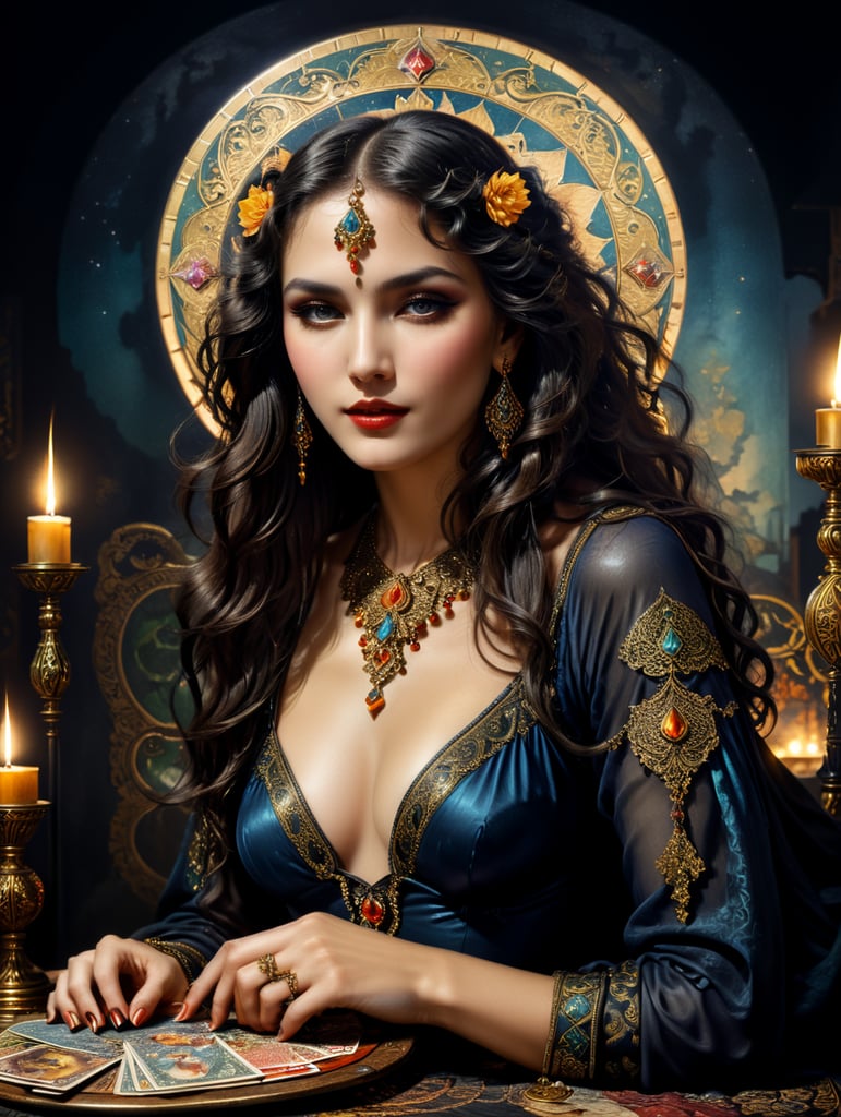 Rolf Armstrong, Edmund Dulac, art nouveau, 1920s vintage style, crisp details. Insanely detailed, dynamic pose, fairytale, nighttime, very beautiful Spanish gypsy fortune teller sitting at table with tarot cards, black cat, mysterious, gypsy caravan, intricate details, long hair, hypnotic eyes, perfect face, jewel tone colors, exquisite craftsmanship, oil paint