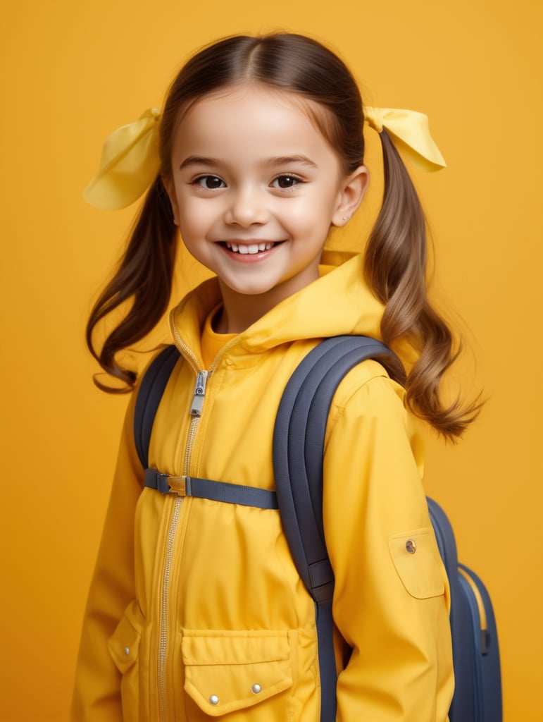 photo happy little girl going to travel, cute girl, dressed in all yellow, yellow background, harpers bizarre, cover, headshot, hyper realistic