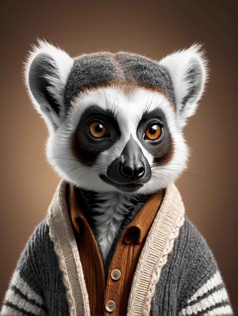 Lemur wearing a cardigan photoshoot headshot on a chestnut background, in the style of ultra detailed, cut and paste, dark gray and white, hd mod, determined faces, smooth edges