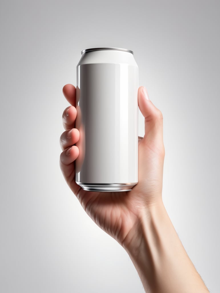 Hand holding a white can, clear, isolated, white background