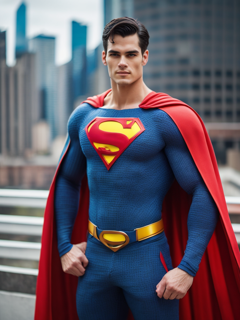 Portrait of a superman in a knitted suit, a blue suit with a red and yellow superman logo on the chest, a city in the background, a blurred background, professional shot, bright saturated colors, sharp focus, highly detailed