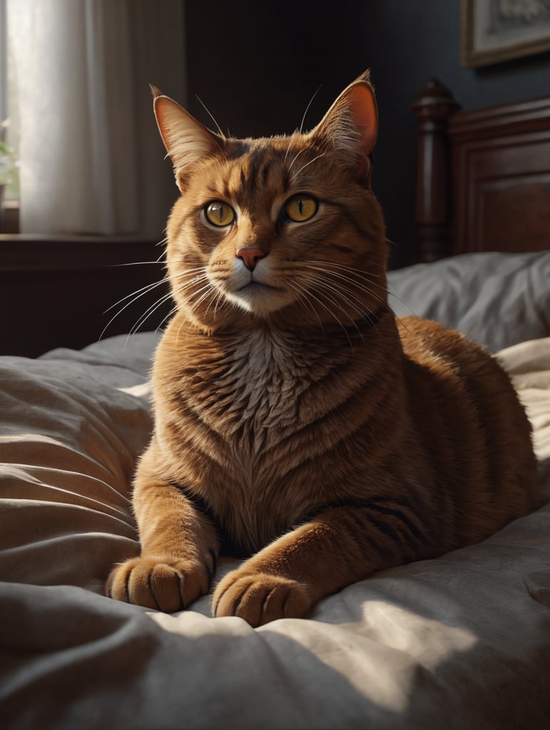 brown cat, cartoon style, in the bed