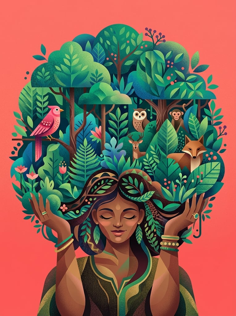 A surreal, geometric illustration of a dark-skinned woman with peacefully closed eyes supporting a dense forest across her shoulders against a solid coral-pink background. Her raised hands cradle a lush canopy of overlapping stylized trees, ferns, and rounded foliage in rich emerald and teal gradients. Hidden within the stippled, grainy jungle are simplified animal shapes including a pink bird and a brown fox. The composition blends flat vector forms with soft, volumetric airbrush shading.