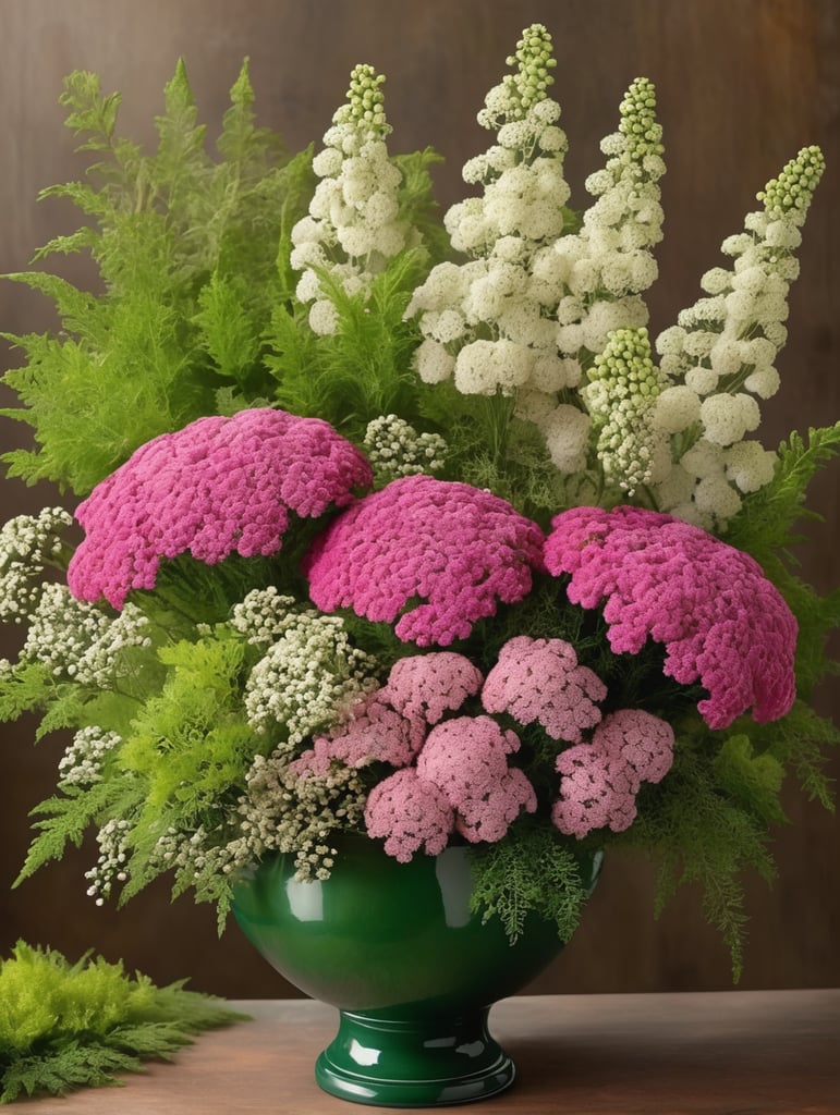 Flower bouquet with pink yarrow, white Queen Anne’s lace, green arborvitae, and amaranth