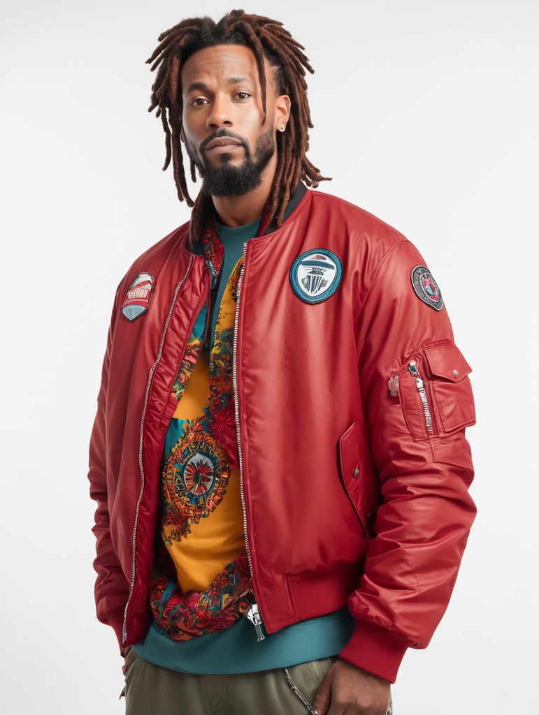 a man with dreadlocks on his head is wearing a colored jersey and a red bomber jacket