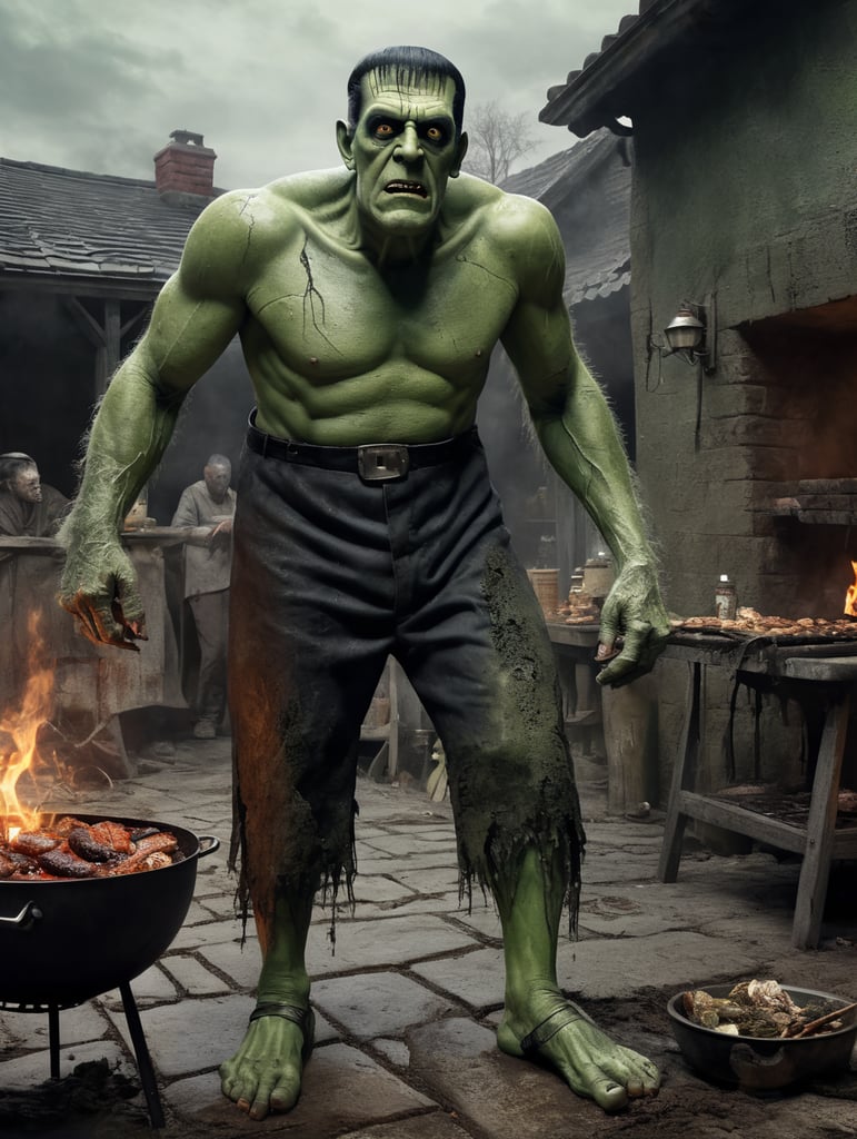 illustrated full body image of herman munster Karloff as Frankenstein's Monster, Green Skin, muted color palette, atmospheric, creepy, intricate detail, reanimated corpse, scar tissue, decomposing, starring eyes, horror, horrific, bolts sticking out of sides of neck, gangrene, veins, mutilated, stitches on forehead, standing next to barbecue grill