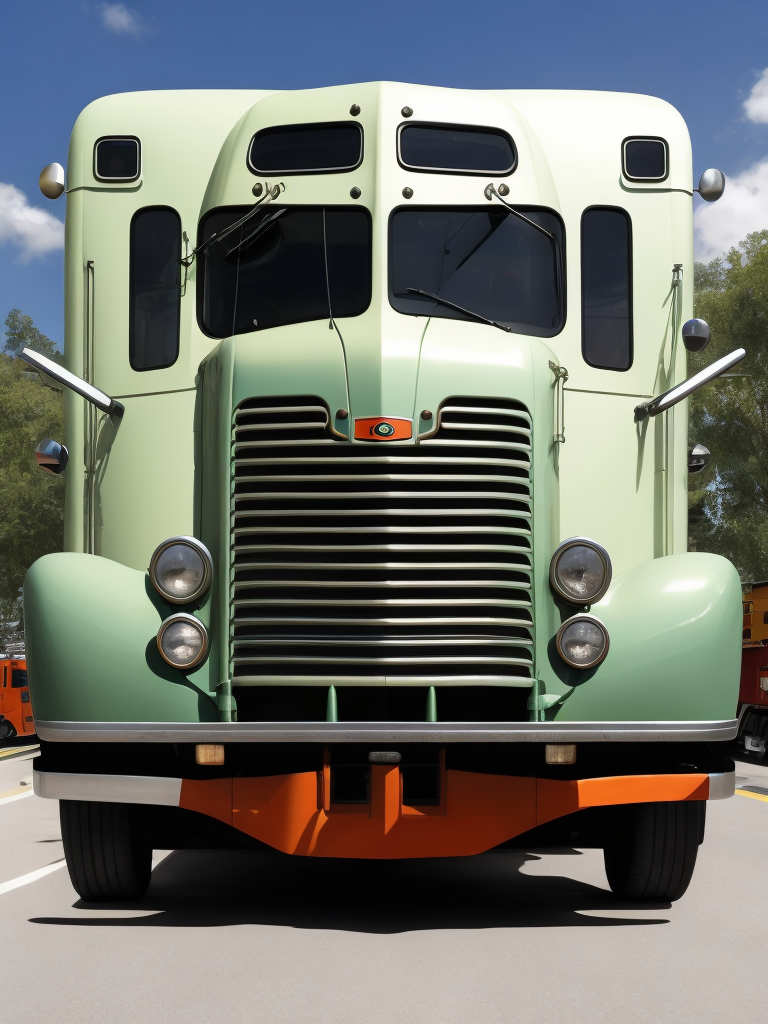 flat nose truck, cabover, locomotive, train, on wheels, tires, art deco, art nouveau, streamline, front window, tall