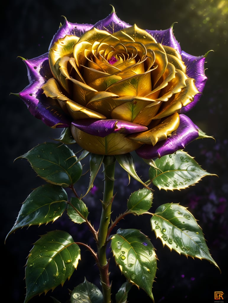 A large golden rose with violet petals and glistening green stem and big golden thorns