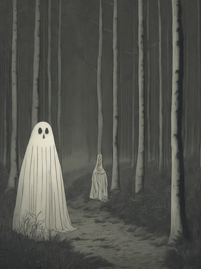 Funny ghost on the background of the forest, John Kenn Mortensen style, incredibly detailed,