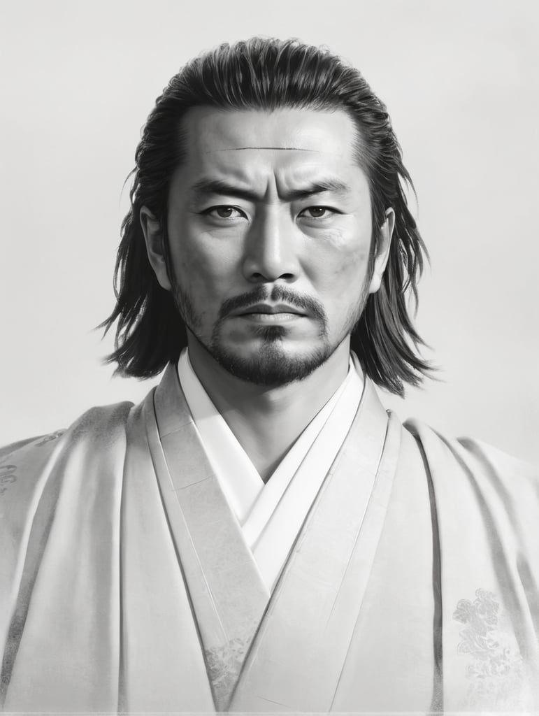 Portrait of a Samurai with a scar on his face, a very serious expression, classic Japanese painting style