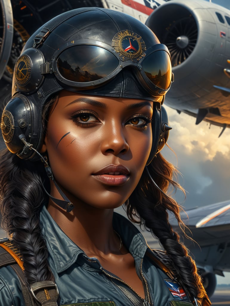 Black female pilot standing beside airplane