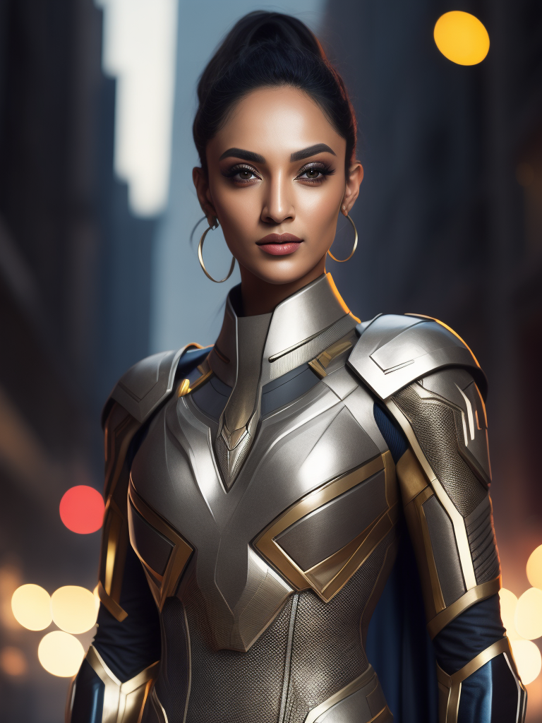Potrait of Kiara Advani wearing a futuristic superhero outfit from year 2100, highly detailed, vogue, sharp focus, dramatic lighting, depth of field, incredibly high detailed, blurred background