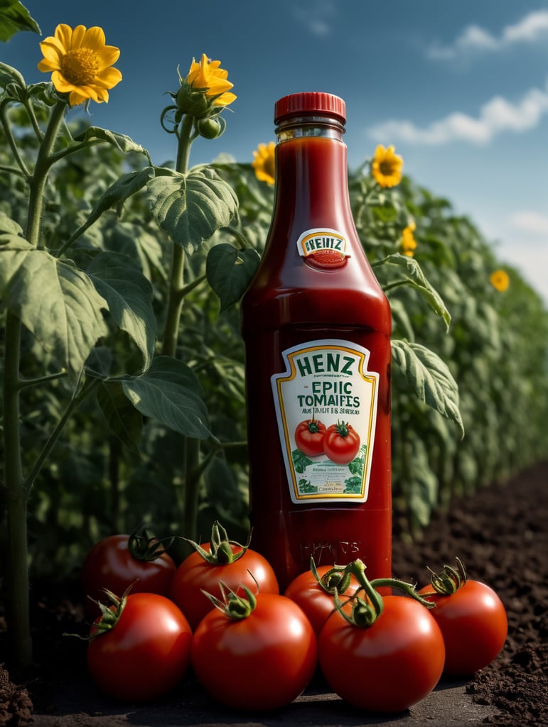 several red tomatoes stacked together forming a Heinz ketchup bottle with some leaves around it, beautiful tomato plantation in the background and a blue sky, short grass and yellow flower + yellow flowers + creamy light + ambient lighting + very beautiful colors