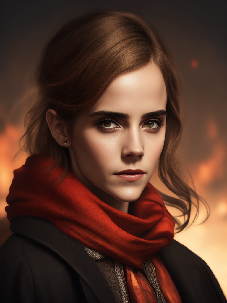 Portrait of Emma Watson wearing black blouse with red scarf, ultra realistic