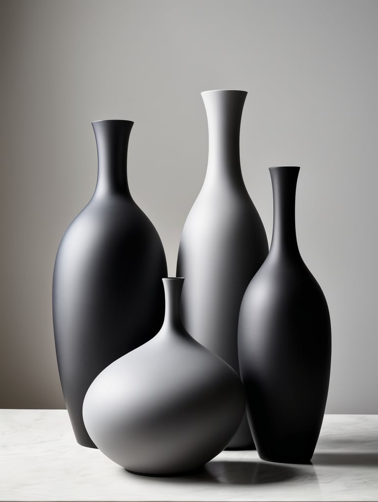 Una serie de 3 floreros de silicon minimalistas color negro y gris inspirados en el arte renacentista y el street art