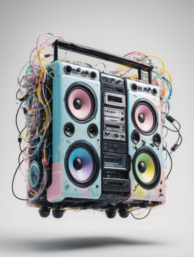 Pastel colors low-angle view shot photography of a emerged from spiral black ink splatters, flying huge 3d plexiglass multi cassette ghetto blaster robot body, full of cables and wires, with big boomers, 80 degree view