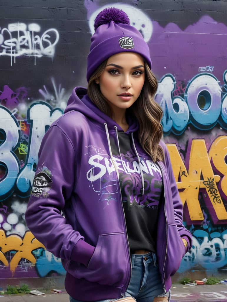 Olivia Culpo in a jacket and hat standing in front of a graffiti wall, in a purple hoodie, graffiti in the background